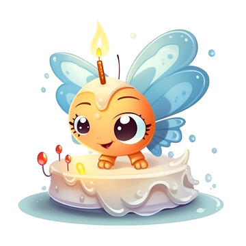 Cute cartoon fairy with a candle on a cake. Vector illustration.