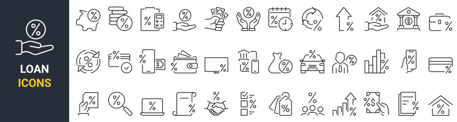 Credit and Loan line web icons. Credit card, deposit, car leasing, rate interest, calculator, income, rating, collection. Collection of Outline Icons. Vector illustration.