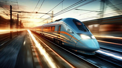 Obraz na płótnie Canvas Efficient Travel: High-Speed Train in Full Motion on Rail Tracks