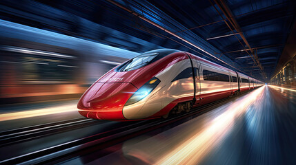 Obraz na płótnie Canvas Speeding Onward: High-Speed Train Zooms Along Rail Tracks