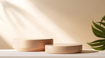 Fototapeta na wymiar minimal modern wooden round tray podium on table counter in sunlight, leaf shadow on beige wall background for product display. Generative AI.