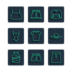 Set line Undershirt, Short or pants, Skirt, Sweater, T-shirt, Swimsuit, Female crop top and Elegant women hat icon. Vector