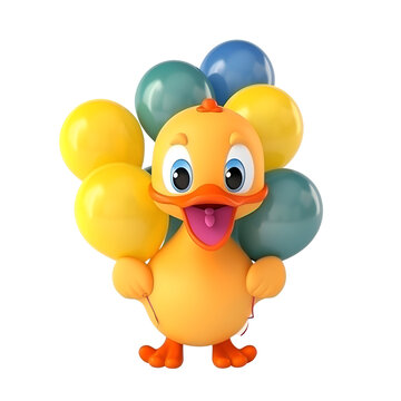 3d Illustration of a Baby Duck with balloons isolated on a white background