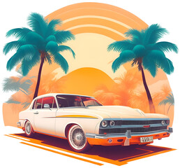 Retro Classic Car and Sunrise. Generate AI