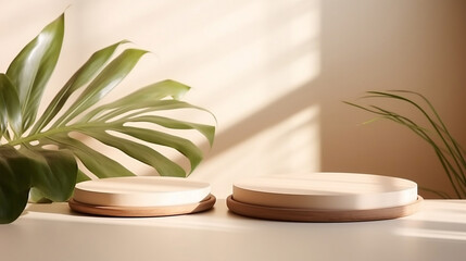 minimal modern wooden round tray podium on table counter in sunlight, leaf shadow on beige wall background for product display. Generative AI.