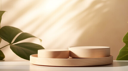 minimal modern wooden round tray podium on table counter in sunlight, leaf shadow on beige wall background for product display. Generative AI.