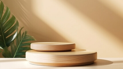 minimal modern wooden round tray podium on table counter in sunlight, leaf shadow on beige wall background for product display. Generative AI.