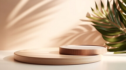 minimal modern wooden round tray podium on table counter in sunlight, leaf shadow on beige wall background for product display. Generative AI.