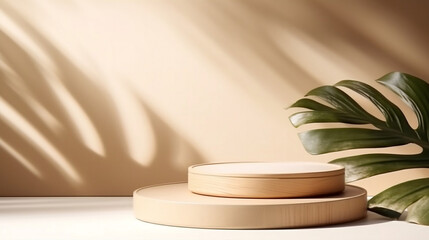 minimal modern wooden round tray podium on table counter in sunlight, leaf shadow on beige wall background for product display. Generative AI.
