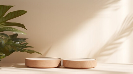 minimal modern wooden round tray podium on table counter in sunlight, leaf shadow on beige wall background for product display. Generative AI.