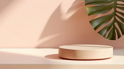 minimal modern wooden round tray podium on table counter in sunlight, leaf shadow on beige wall background for product display. Generative AI.