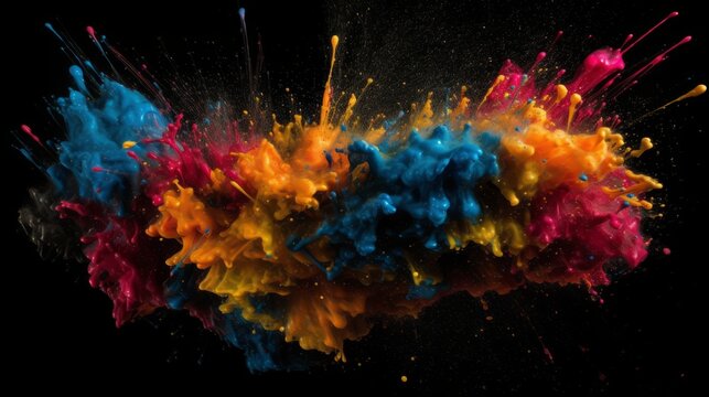 Explosion of coloured powder isolated on black background. Abstract coloured background. Created with Generative AI technology. © IC Production