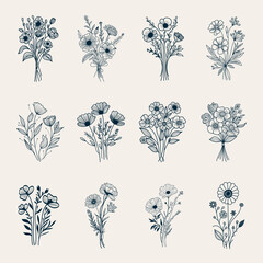 Hand drawn flowers bouquet wildflowers set botanical floral leaves tattoo doodle outline drawings sketch line art vector illustration