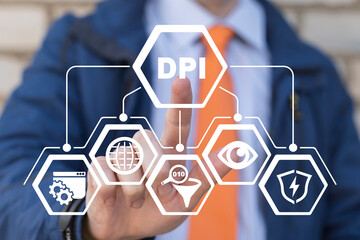Busunessman using virtual touch screen presses acronym: DPI. Concept of DPI Deep Packet Inspection...