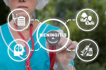 Doctor using virtual touchscreen and stethoscope touches text: MENINGITIS. Headache, meningitis and...