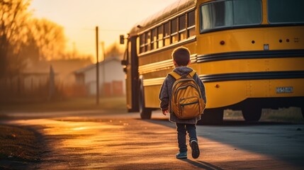 boy reaching his bus truck to go to school, little boy with bus and yellow backpack, mexico