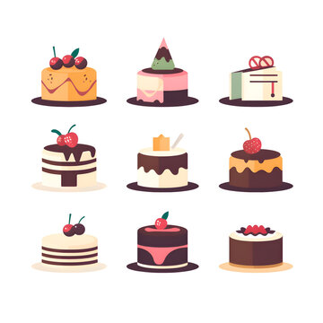 Cake icons set. Vector illustration in flat cartoon style. Isolated on white background.