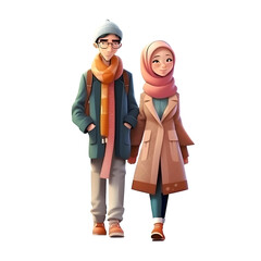 Hijab couple wearing winter clothes. isolated on white background.