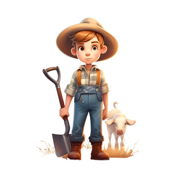Cute cartoon farmer with a shovel and a cow on a farm