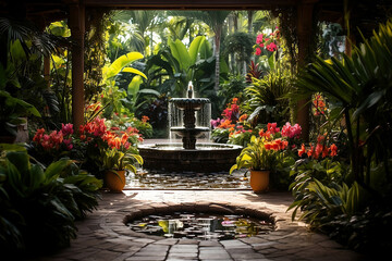 Tropical garden with fountain in center.