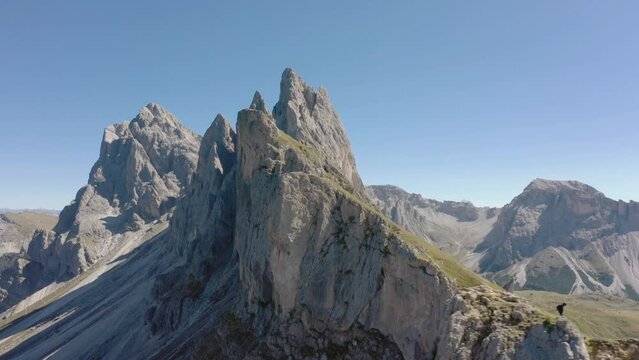 Seceda Aerial drone view flying above a peaceful alpine mountain top trekking area of the dolomite mountain range in val gardena italy 13