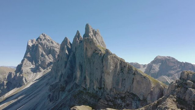 Seceda Aerial drone view flying above a peaceful alpine mountain top trekking area of the dolomite mountain range in val gardena italy 12