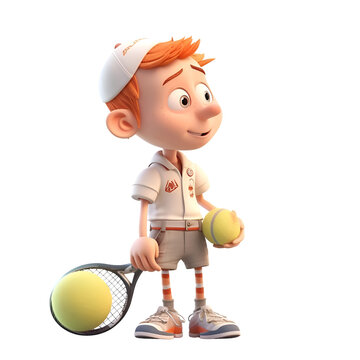 Boy with tennis racket and ball. 3d rendering. isolated white background