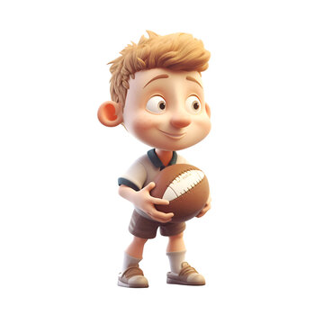 3d rendering of a cute little boy holding a football isolated on white background