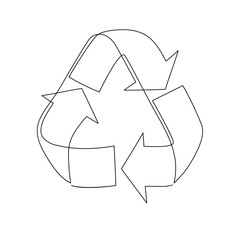 Recycle sign - one line continuous drawing style. Recycling icon - vector single line illustration for recycle bin. Ecology symbol isolated on white background.