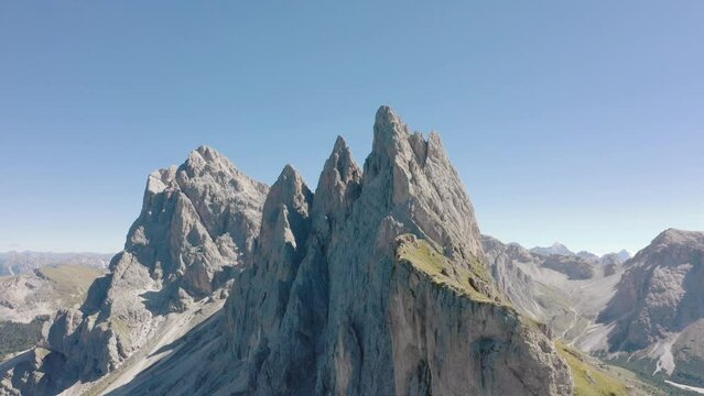 Seceda Aerial drone view flying above a peaceful alpine mountain top trekking area of the dolomite mountain range in val gardena italy 10