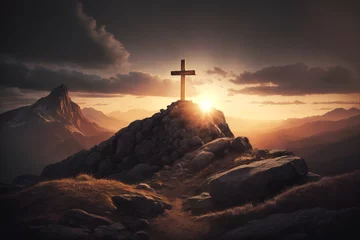 Tuinposter Christian cross on top of a mountain. Sunset landscape. Easter wallpapers. Generative AI © Mr.Vander