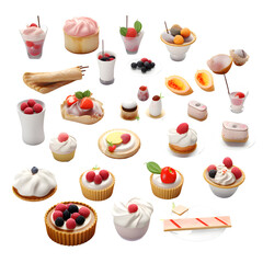 Set of various sweet desserts on a white background. 3d illustration