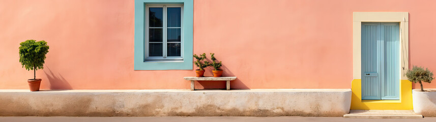 Fototapeta na wymiar Idyllic front view photo of old light pink house wall in the old city minimalism picture