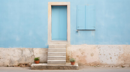 Fototapeta na wymiar Idyllic front view photo of old blue house wall in the old city minimalism picture