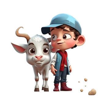 3D Render of Little boy with cow and bull on white background