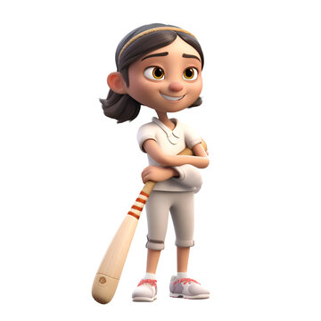 3D illustration of a girl with baseball bat on a white background