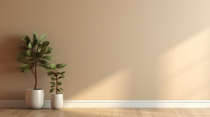 Fototapeta na wymiar Blank beige brown wall in house with green plant in modern design pot, baseboard on wooden parquet in sunlight for product background. Generative AI.