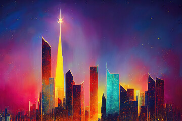 Urban peaks. A view of the skyline. Moonlit metropolis. A rainbow of colors. AI-generated