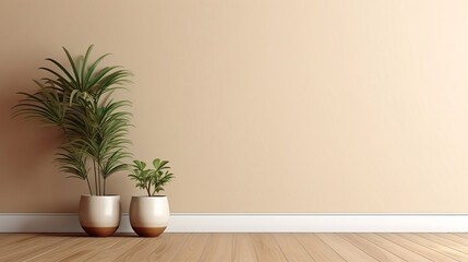 Blank beige brown wall in house with green plant in modern design pot, baseboard on wooden parquet in sunlight for product background. Generative AI.
