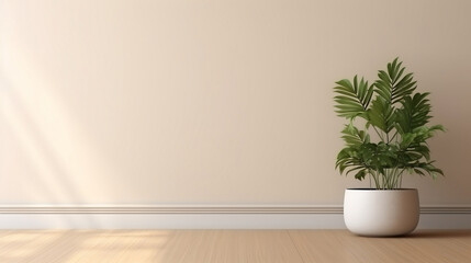 Blank beige brown wall in house with green plant in modern design pot, baseboard on wooden parquet in sunlight for product background. Generative AI.