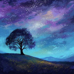 Fototapeta na wymiar Night's Kaleidoscope: Majestic Tree Amidst Vibrant Field of Stars