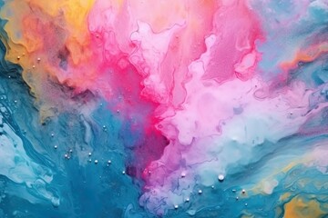 Abstract fluid acrylic painting. Modern art. Marbled  blue, pink and yellow abstract background. Fluid art texture. Mixed paints for interior poster