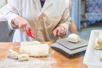Woman breadmaker employee in the workshop of artisan bakery cutting dough and weighing it