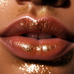 Obraz premium Beautiful black woman shiny and wet lips with fashion brown lipstick makeup. Cosmetic concept. Beauty lip visage. Open mouth with white teeth. Closeup view