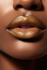  Beautiful black woman shiny and wet lips with fashion brown lipstick makeup. Cosmetic concept. Beauty lip visage. Open mouth with white teeth. Closeup view