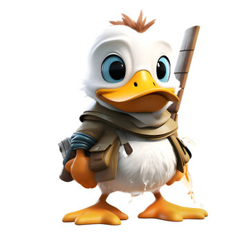 Cartoon character of duck with a wooden sword in his hand.