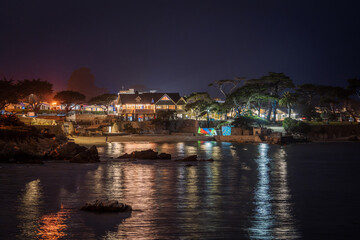 Night view of a restaurant in Pacific Grove, California