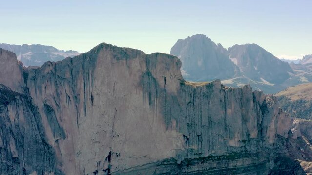 Seceda Aerial drone view flying above a peaceful alpine mountain top trekking area of the dolomite mountain range in val gardena italy 05