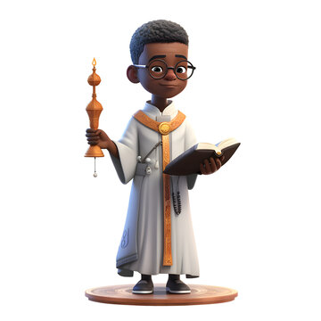 3D Illustration of a Black Priest with a Holy Bible and a Golden Lantern