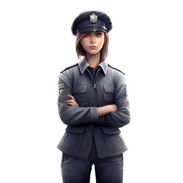 Female police officer standing with arms crossed isolated on white background. 3d rendering.